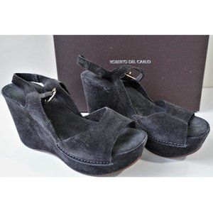 *NWT*Roberto Del Carlo Blck Suede Platform Slingback Wedges 4”, Sz. 37.5 (7 US)